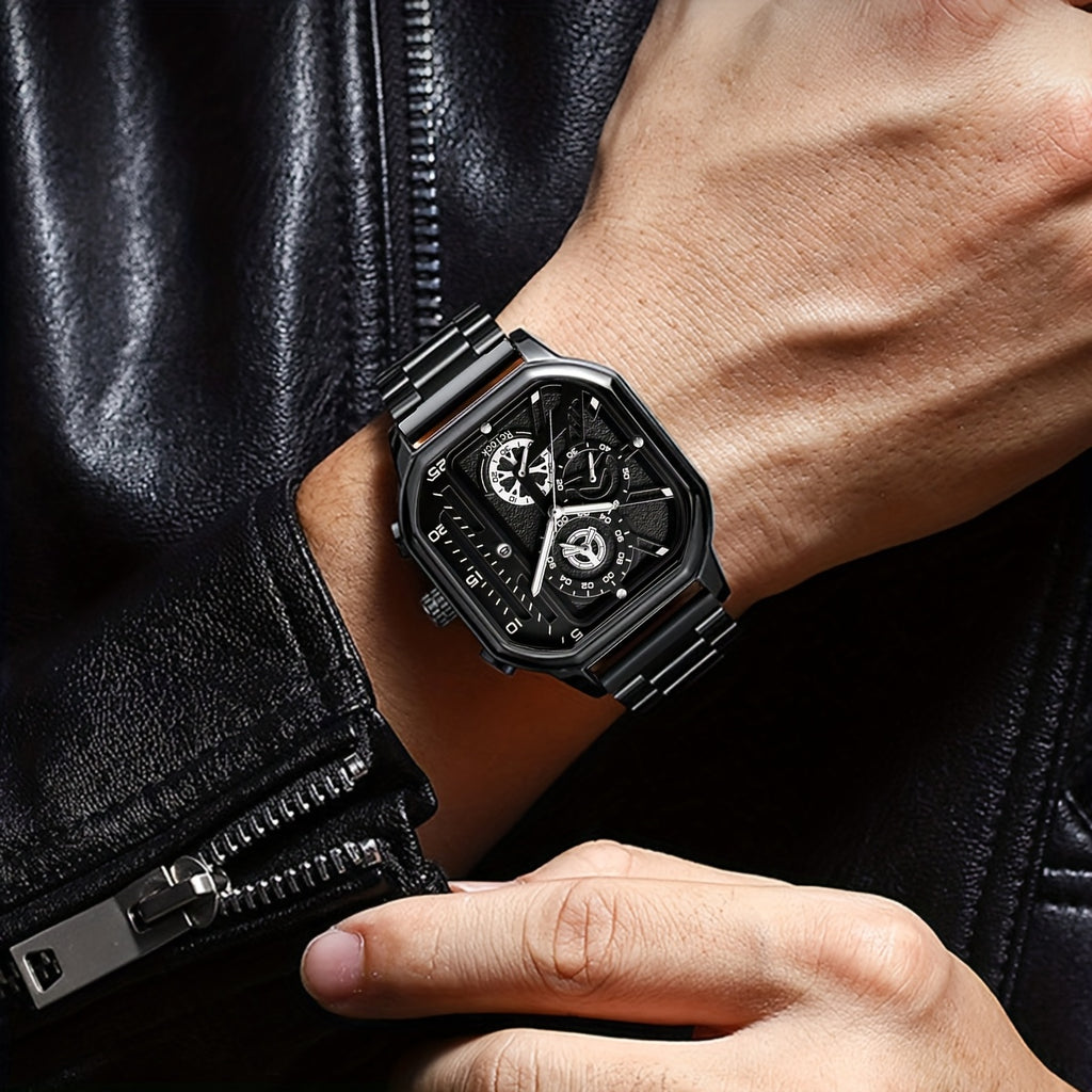 4pcs Men's Vintage Sports Watch Set - Large Square Dial, Necklace, Bracelet, Ring, Quartz Movement, Calendar Function, Non-Waterproof Case, Battery-Powered Electronic Driver, Ideal Gift for Him