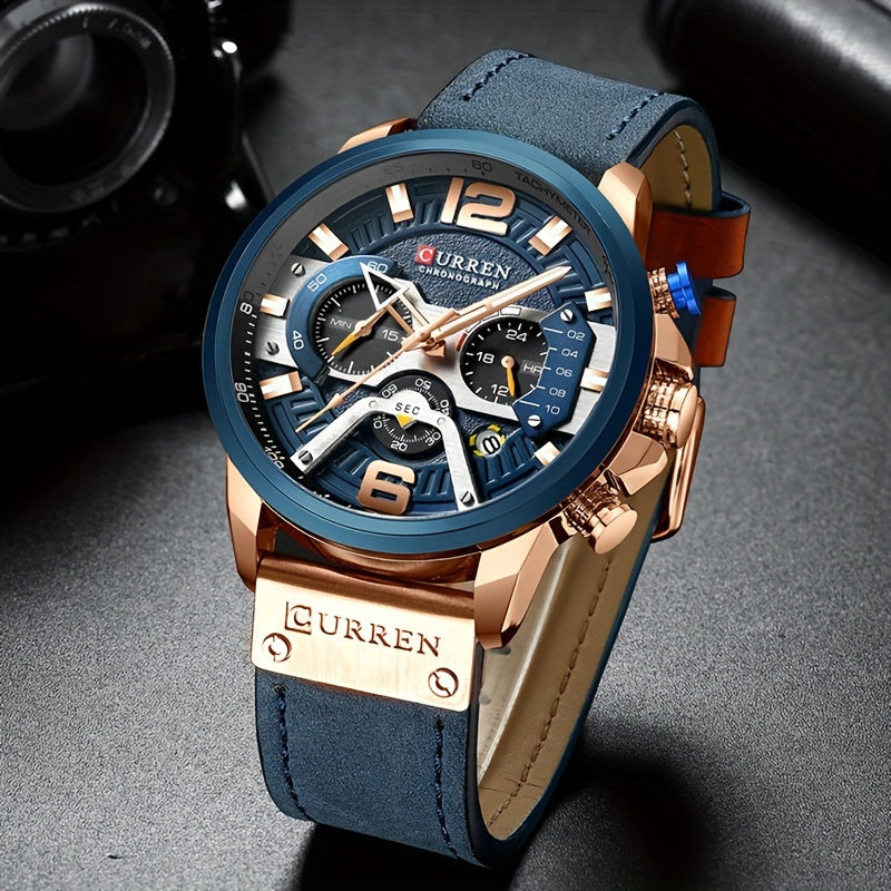 CURREN Watch Men Business Chronograph Faux Leather Strap Analog Quartz Date Stopwatch Wristwatch Blue Black Gold Rose Gold Brown Multi-Color