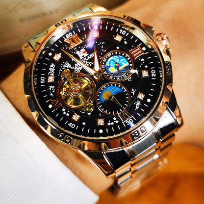 Automatic Mechanical Watch Men Tourbillon Skeleton Rose Gold Stainless Steel – Starry Sky Luminous Dial Iced Out Business Casual Wristwatch Gift Box