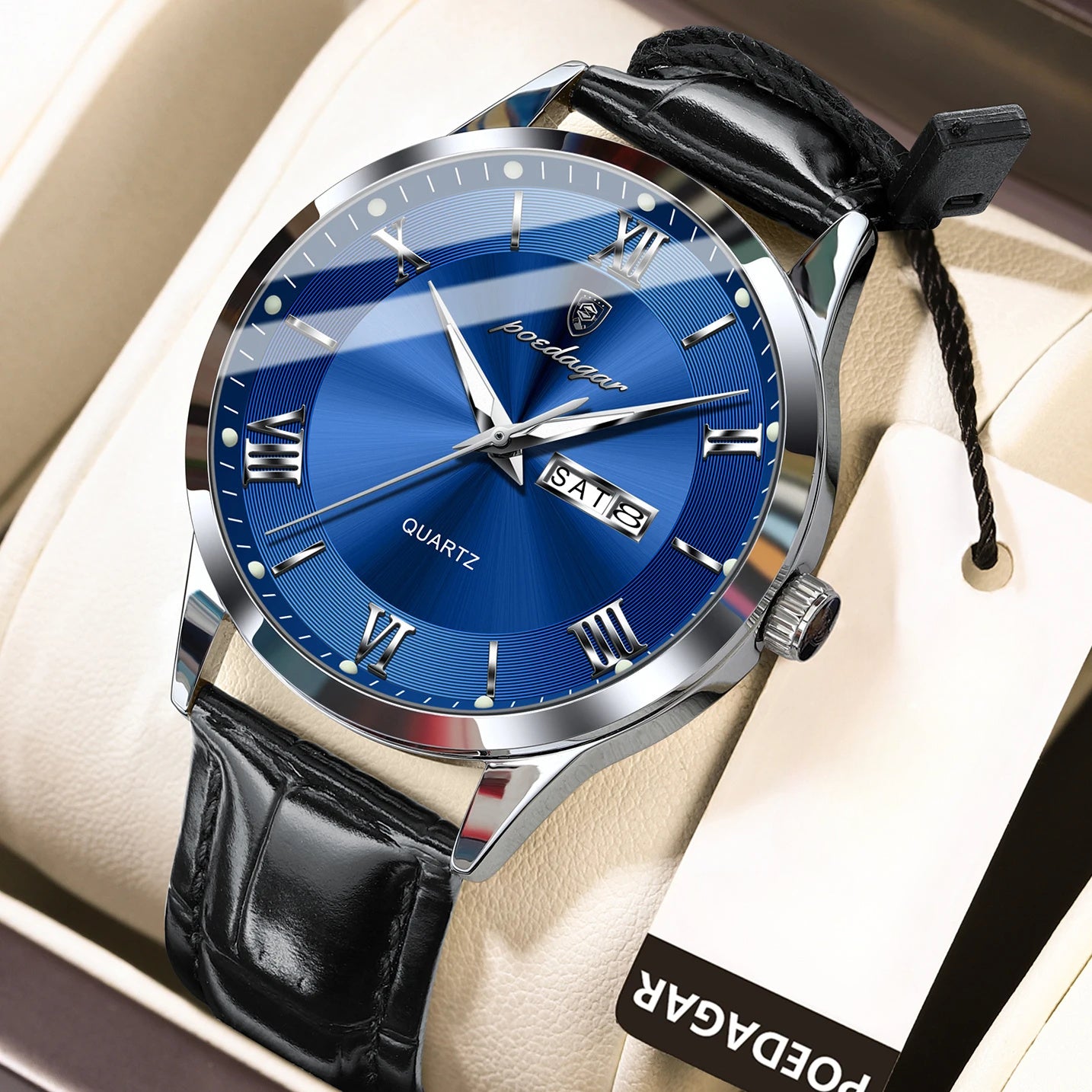 POEDAGAR 978P Men's Watch 3ATM Waterproof Date Display PU Leather Band – Fashion Casual Round Dial Quartz Wristwatch for Men, Multiple Colors