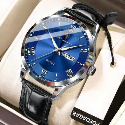 POEDAGAR 978P Men's Watch 3ATM Waterproof Date Display PU Leather Band – Fashion Casual Round Dial Quartz Wristwatch for Men, Multiple Colors