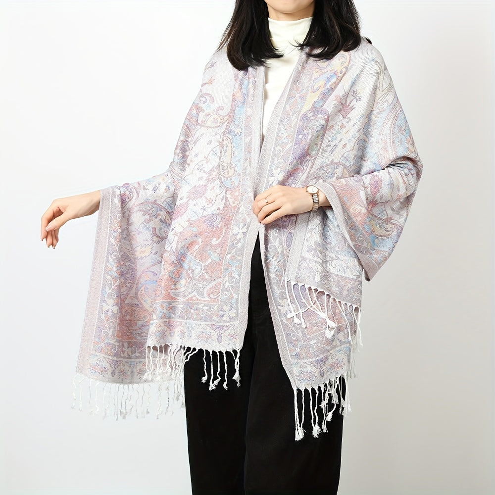 Women's Ethnic Jacquard Shawl Scarf - Long Cashew Tassel Retro Multicolor Shawls Suitable for Weddings, Parties, Daily Wear - Warm Winter Headscarves & Cultural Fashion