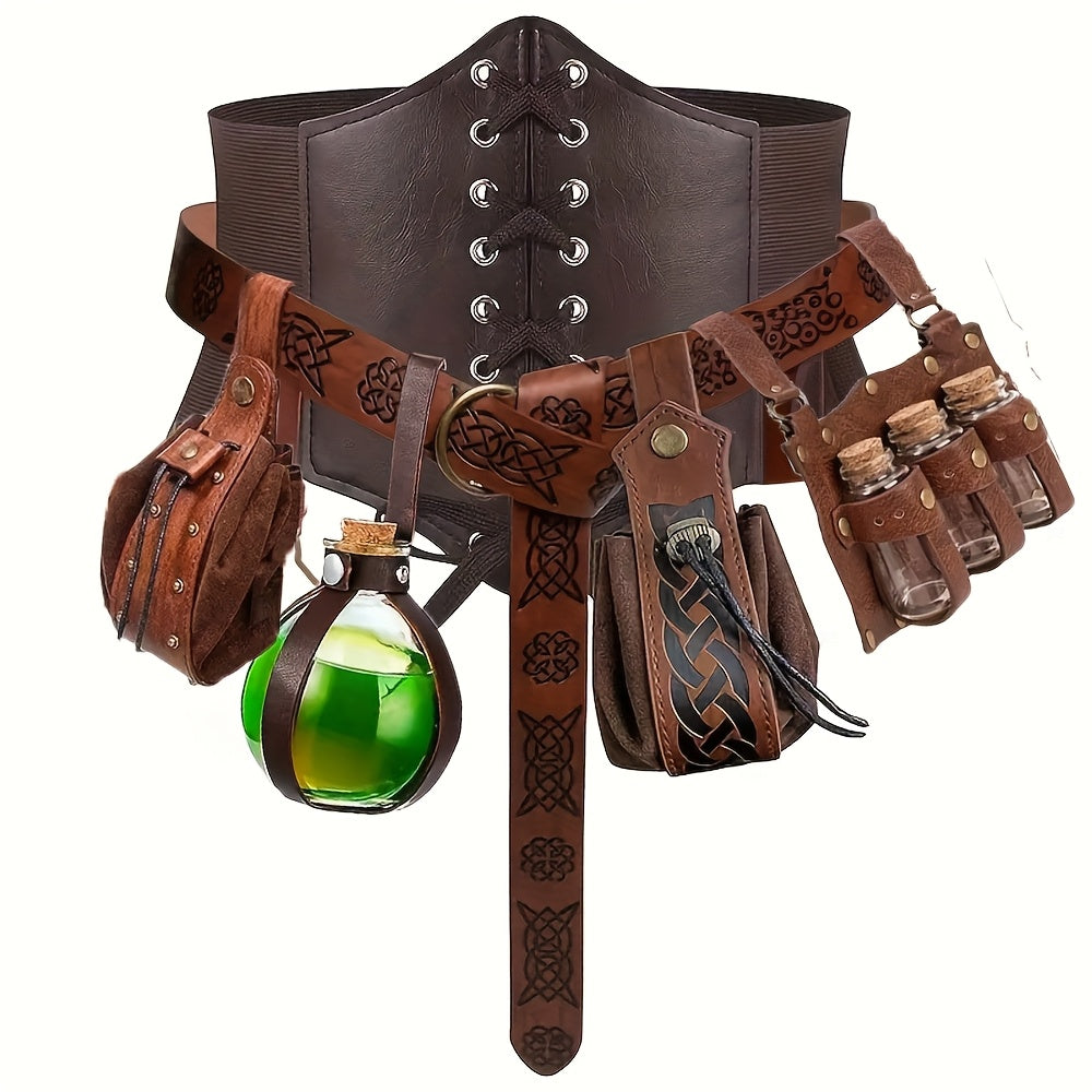 Renaissance Corset Costume Set 6pcs - Medieval Belt Pouches Cork Bottle Waist Guard for Women Halloween LARP Cosplay Role Play Party Photography Props in Black Brown