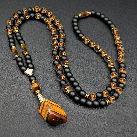 Stylish 8Mm Natural Stone Tiger Eye Pendant Necklace for Men - Adjustable Long Chain with Black Agate Beads - A Distinctive Christmas Gift Idea Featuring a Creative Natural Stone Necklace