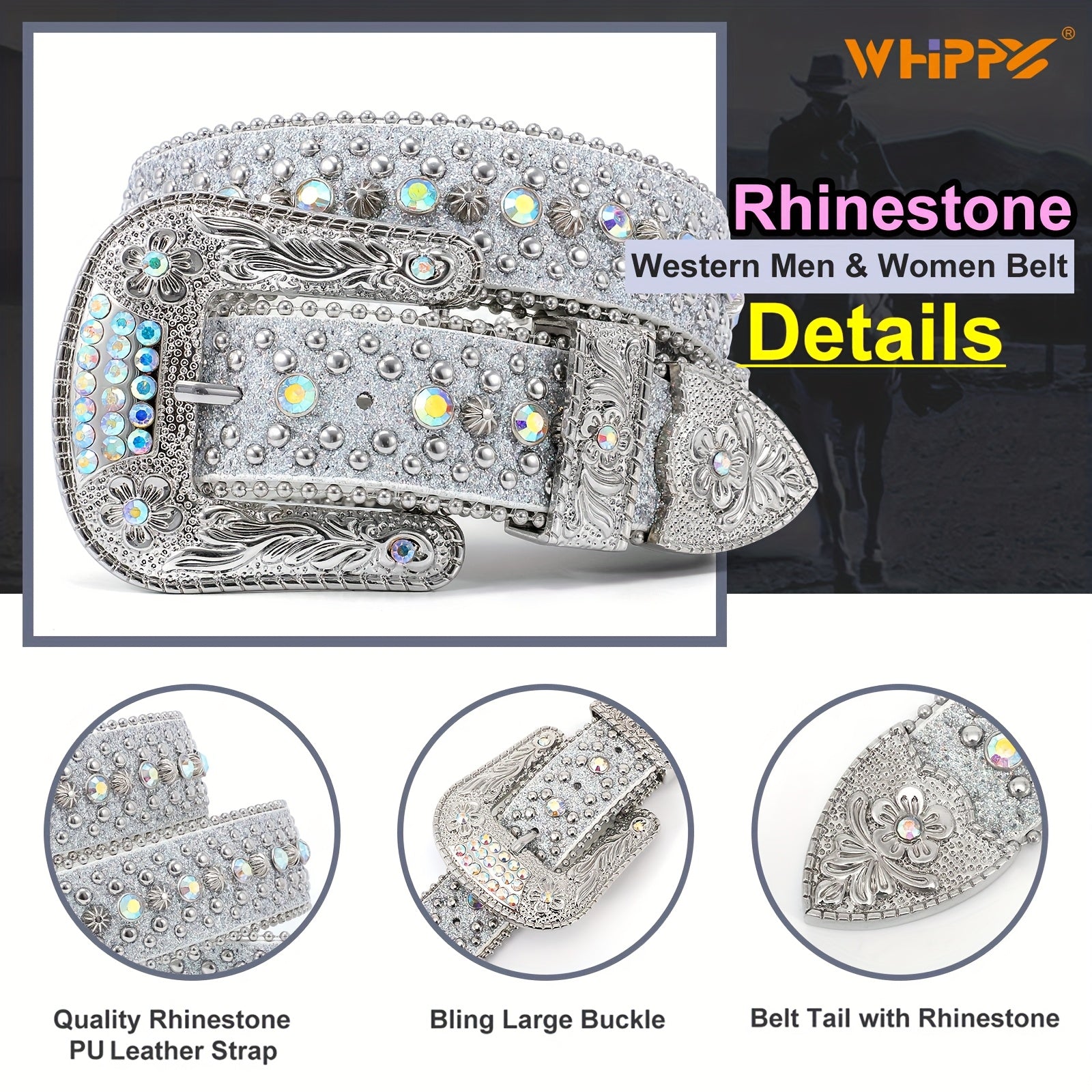 WHIPPY 1pc Men'S Rhinestone Faux Leather Belt, Western Faux Crocodile Grain Faux Leather Strap Belts for Cowboy Jeans Pants Halloween Gift