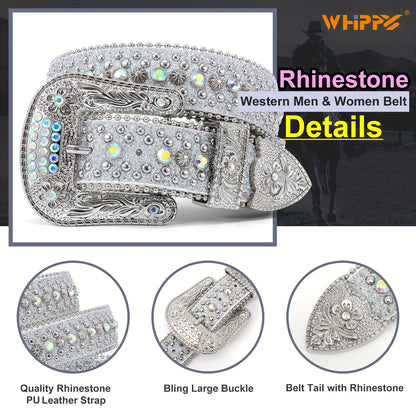 Rhinestone Belt for Men - Western Faux Crocodile Leather Strap, Rivet Detail, Alloy Buckle, Fits Waist 28"-48", 9 Colors, Cowboy Jeans Halloween Gift