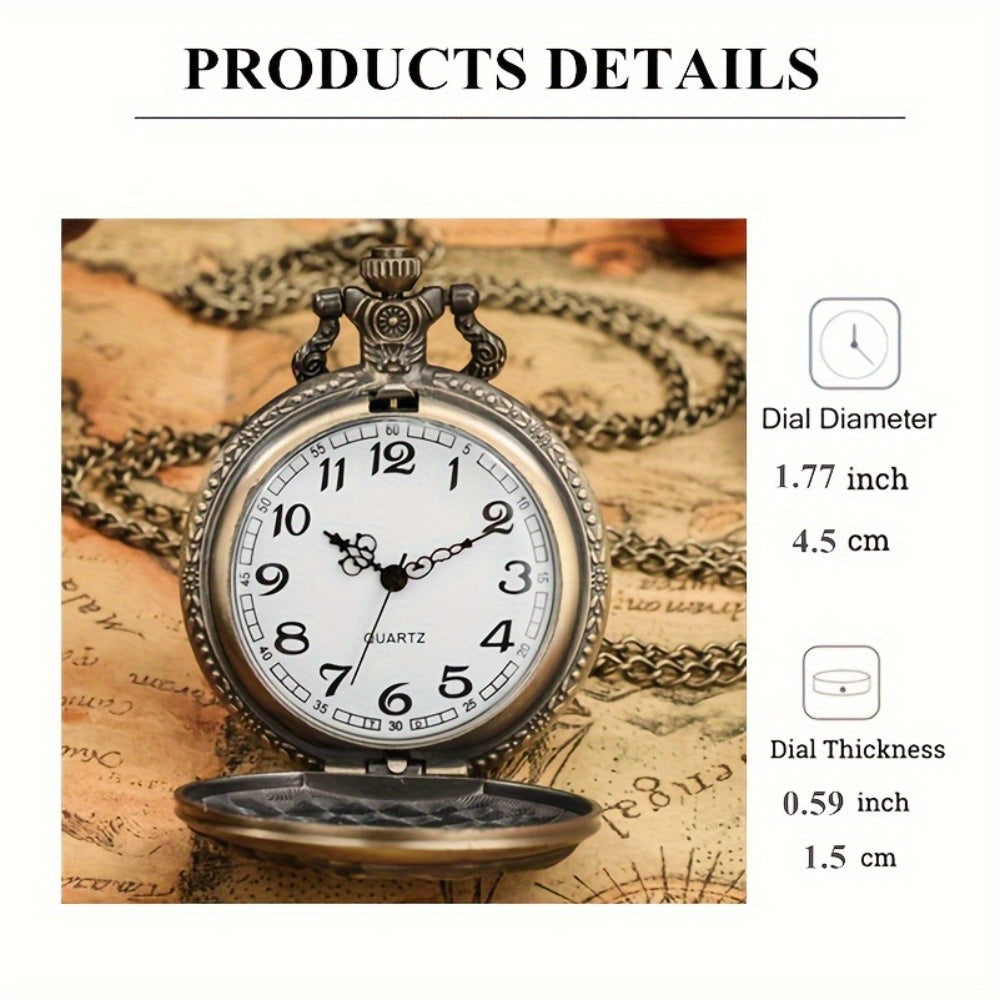 Vintage Pocket Watch Bronze Quartz 2-Pack Zinc Alloy Case Nickel-Free Strap Classic Analog Timepiece Gift Set for Men Women