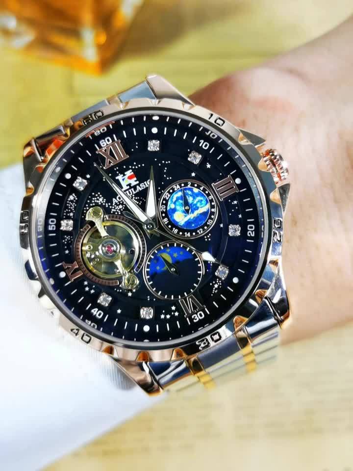 Automatic Mechanical Watch Men Tourbillon Skeleton Rose Gold Stainless Steel – Starry Sky Luminous Dial Iced Out Business Casual Wristwatch Gift Box