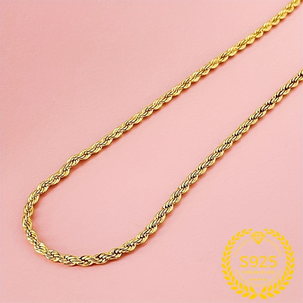 Gold Twisted Rope Chain Necklace 925 Sterling Silver - 24K Gold Plated Boho Elegant Rope Necklace for Women, 20/22/24 Inch, Daily Wear Vacation Jewelry & Holiday Gift Accessory