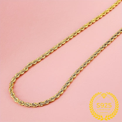 Gold Twisted Rope Chain Necklace 925 Sterling Silver - 24K Gold Plated Boho Elegant Rope Necklace for Women, 20/22/24 Inch, Daily Wear Vacation Jewelry & Holiday Gift Accessory