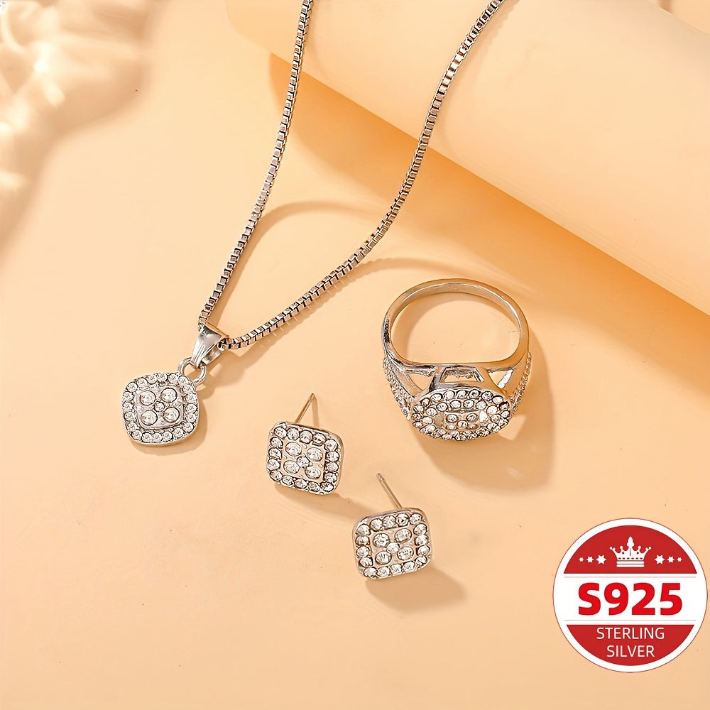 S925 Sterling Silver Jewelry Set Boho Rhinestone Necklace Earrings Ring Set Women Men Gift Daily Wear Anniversary Birthday