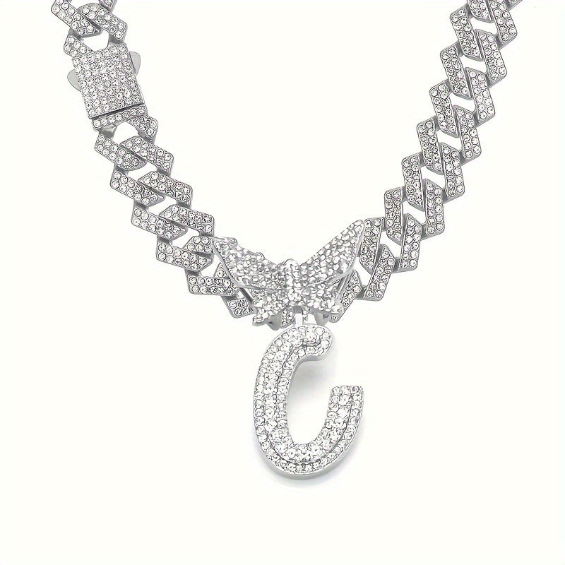 Cuban Link Chain Necklace - Initial Letter for Men Women - with Butterfly Alphabet Pendant A-Z, Gold & - product detail view
