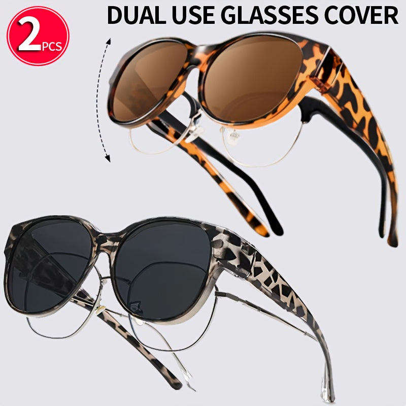 Retro Clip-On Glasses 2-Pack — Vintage Round Frames, No Tools Needed, Lightweight Leopard Pattern Eyewear for Men & Women, Party & Daily Use Gift