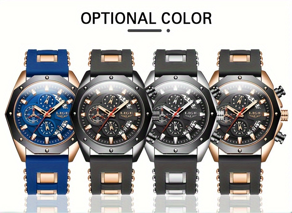 Men's Chronograph Quartz Watch with Luminous Dial & Calendar | Stopwatch, Outdoor Sports Casual Wristwatch – Black, Blue, Gold & Silver Color Options