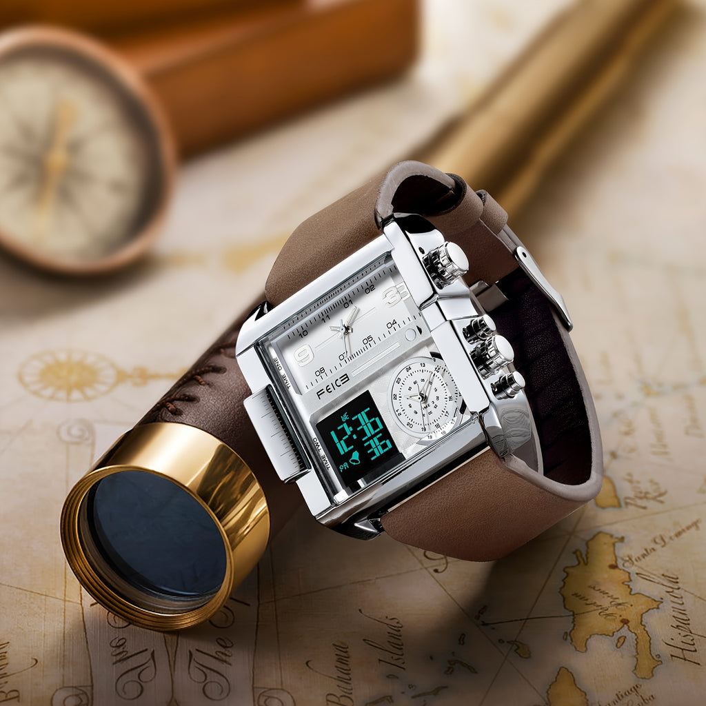 FEICE Fashion Business Men's Watch Digital LED Analog Quartz Watch 50mm Large Dial Square Men's Watch Multifunctional Sports Men's Watch Luminous Alarm Clock Timer 24H Calendar Cowhide Strap Men's Gift FK030