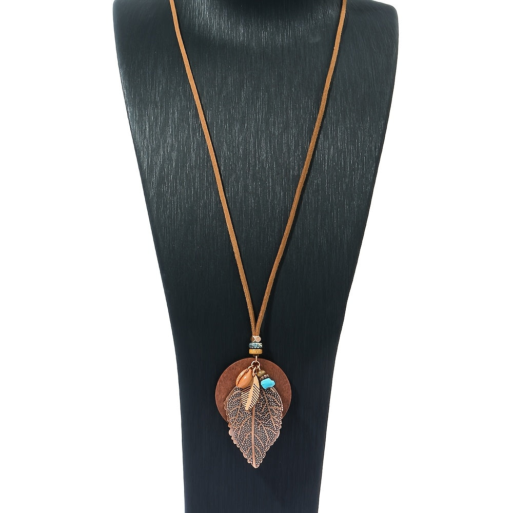 Boho Leaf Pendant Necklace & Earrings Set 3pcs for Women - Vintage Style Bohemian Jewelry Set, Versatile All-Season Accessories for Daily Wear, Vacation & Gifting