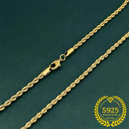 Gold Twisted Rope Chain Necklace 925 Sterling Silver - 24K Gold Plated Boho Elegant Rope Necklace for Women, 20/22/24 Inch, Daily Wear Vacation Jewelry & Holiday Gift Accessory