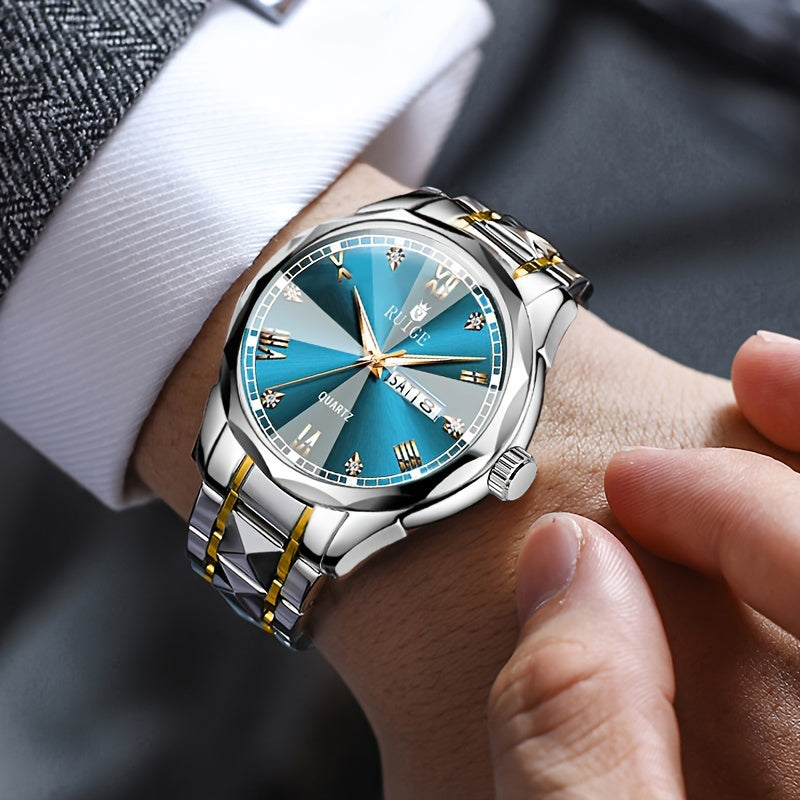 Luxury Sports Watch Men Stainless Steel Luminous Calendar Day Display – Quartz Wristwatch Fashion Casual Timepiece Gift for Men, Blue Green