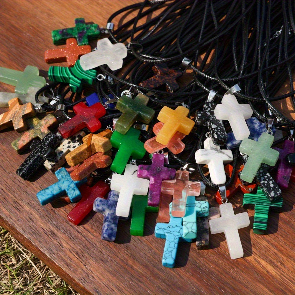 40pcs hybrid natural stone cross pendant- 20pcs stylish cross pendant with 20pcs adjustable black imitation leather necklace, quartz imitation gem jewel for DIY necklaces, bracelets and earrings, for Teenager