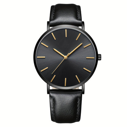 Minimalist Watch for Men Analog Quartz Round Dial PU Leather Strap Stainless Steel Case Elegant Casual Business Wristwatch Low Maintenance Black Blue