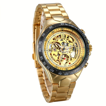 Skeleton Automatic Mechanical Watch for Men - Luxury Stainless Steel Transparent Dial Self-Winding Wrist Watch, No Battery Needed, Gold & Black Dress Watch Gift