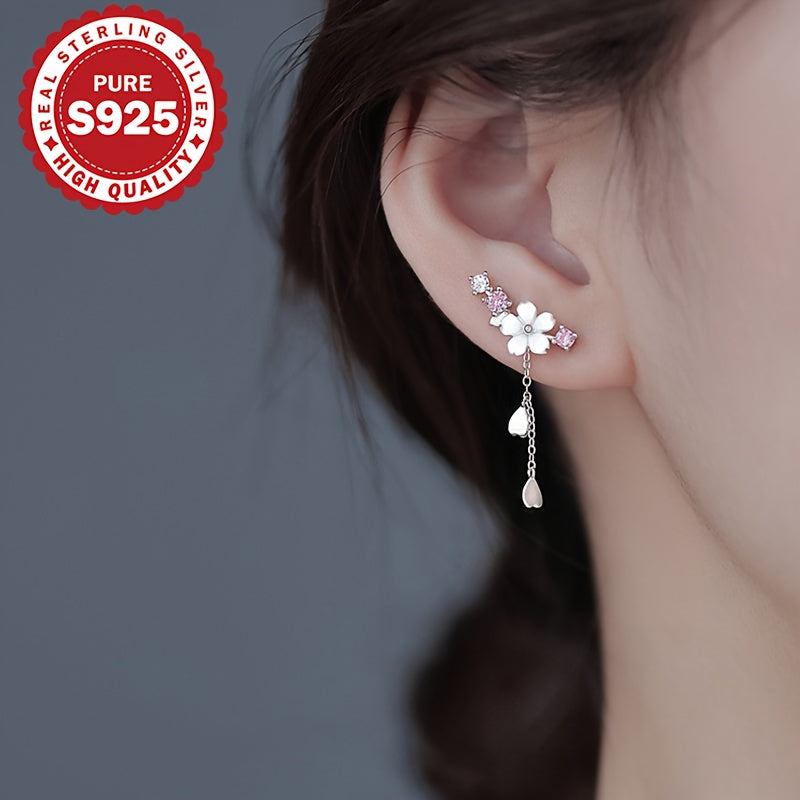 1 Pair of Cherry Blossom Tassel Earrings, S925 Pure Silvery Flower Earrings, Cute Japanese Style Temperament, Classic Tassel Earrings, Suitable for Multiple Occasions, Low Allergy 1.6G