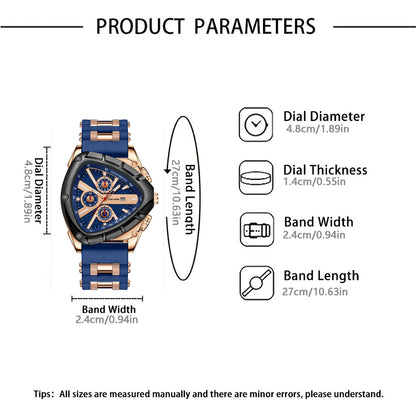 Men's Triangular Dial Quartz Watch – Unique Luxury Design, Silicone & Steel Band, Date Chronograph, Business Casual Wristwatch, Gift for Him