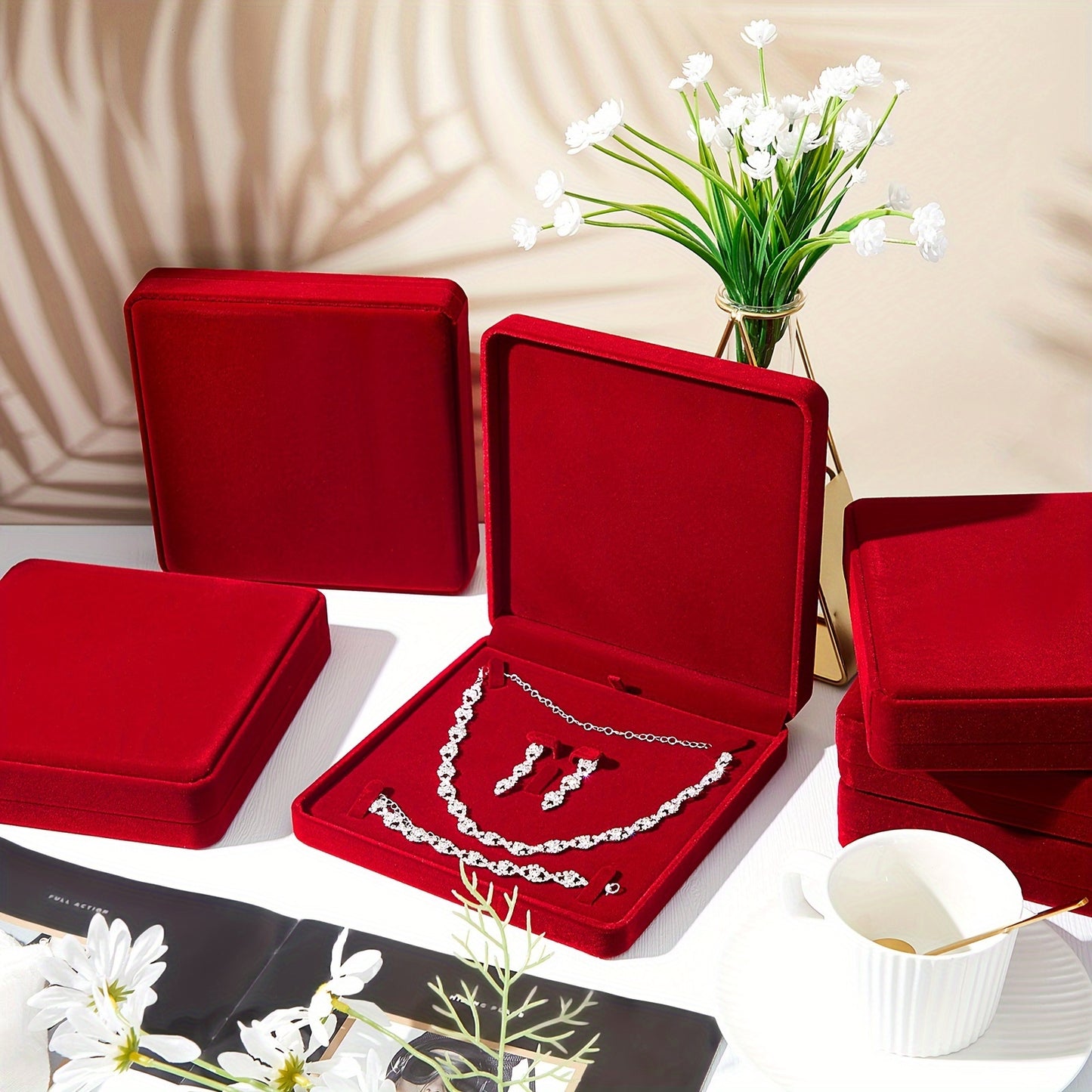 Velvet Jewelry Box with Lid 6pcs – Wine Red Fabric Gift Case for Bracelets, Necklaces & Rings, Elegant Wedding Favor & Travel Jewelry Storage Set