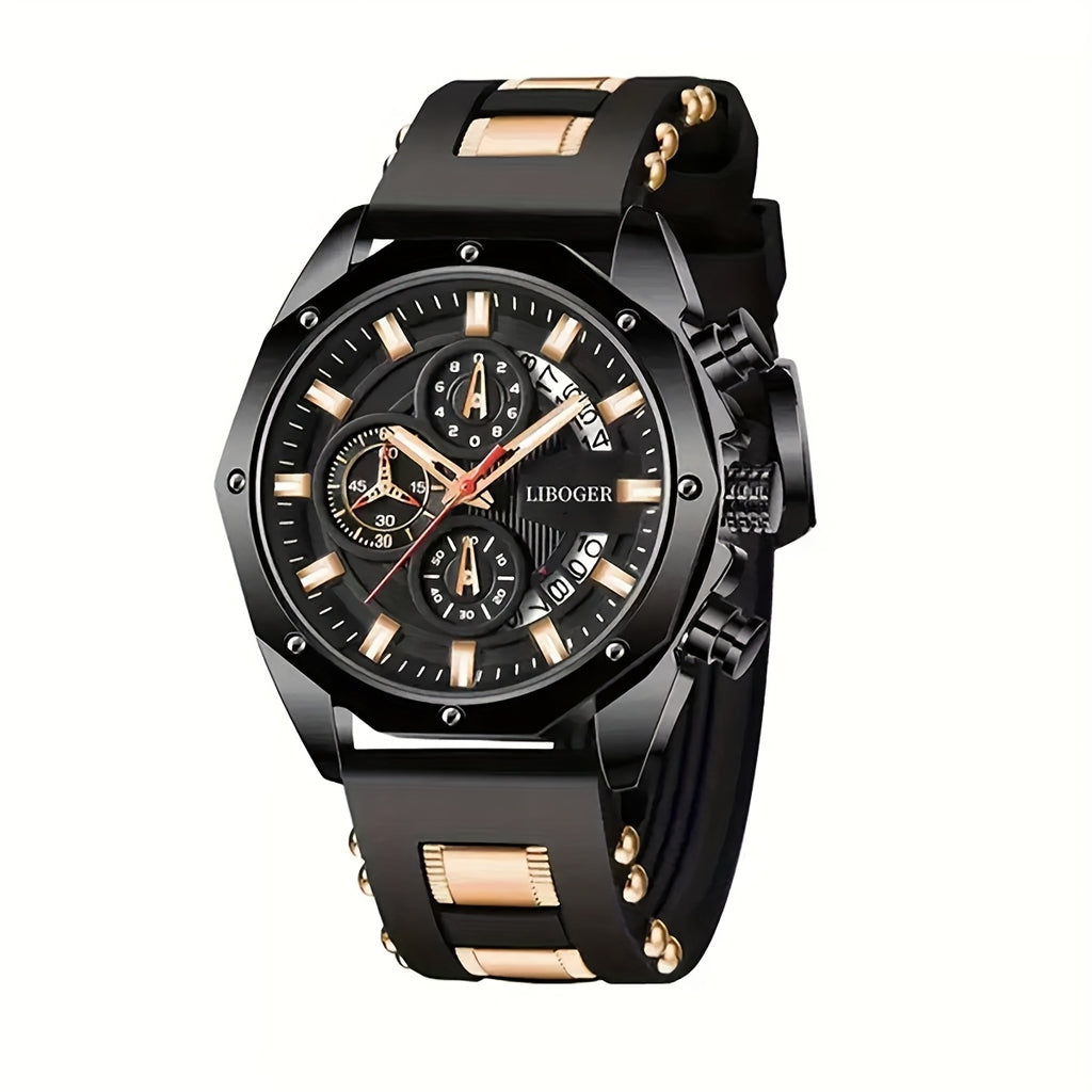 Men's Luxury Large Dial Chronograph Wristwatch - Blue & Golden Analog Watch with Day/Date/Month Display, Quartz Movement, 24H Chronograph, High Quality 1181.1inch, Elegant Brown Strap & Golden Buckle, Multi-Functional Business & Sports Watch for Formal &