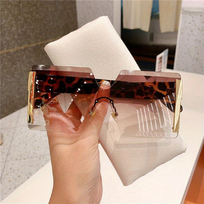 Oversized Frameless Glasses Women Gold Frame Retro Square Fashion Eyewear with Case Lightweight Unisex Events Halloween Christmas Gift Golden Tea Blue Purple Pink