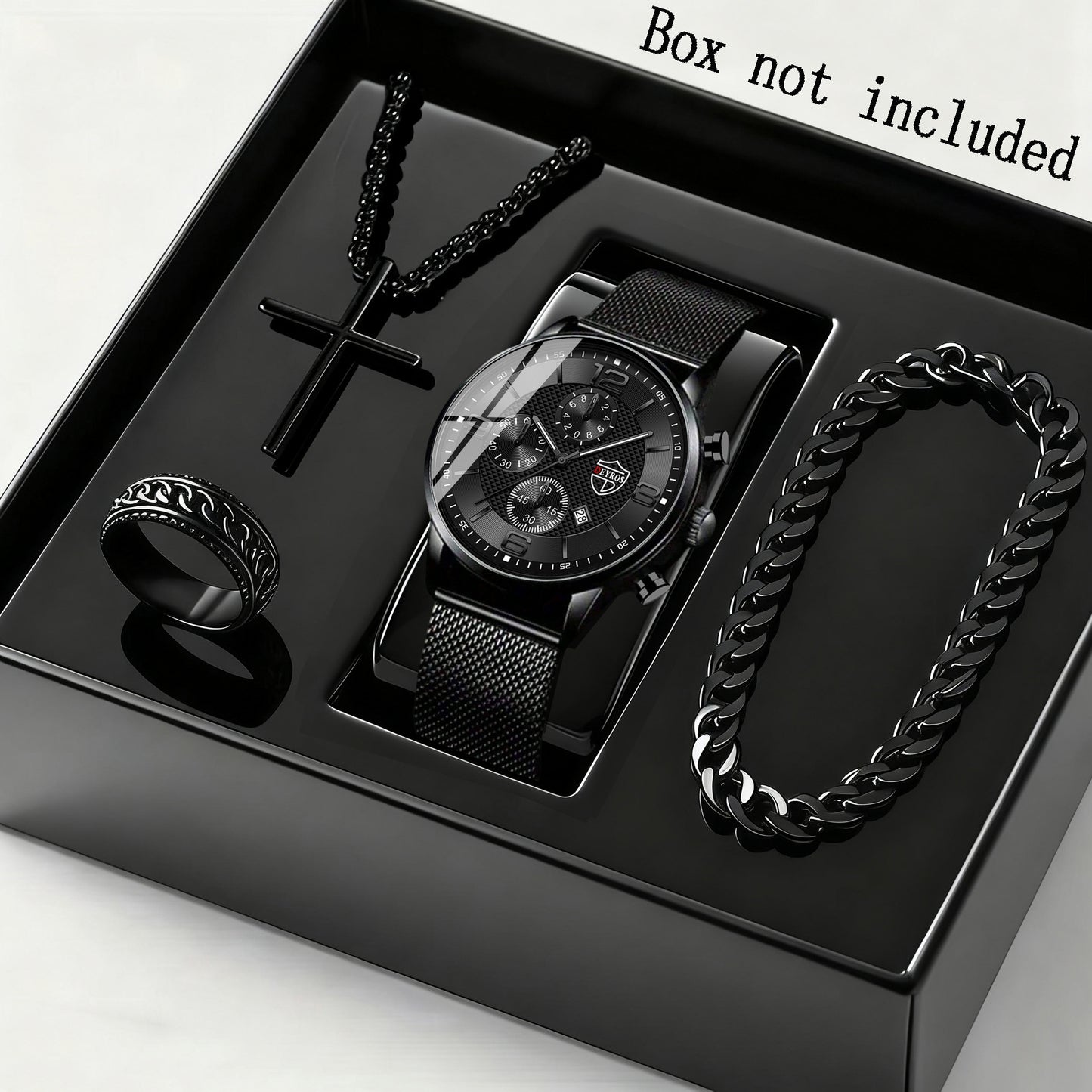 Men's Watch & Jewelry Gift Set 4-Piece – Quartz Date Watch, Stainless Steel Bracelet & Necklace, Casual Business Accessories for Men