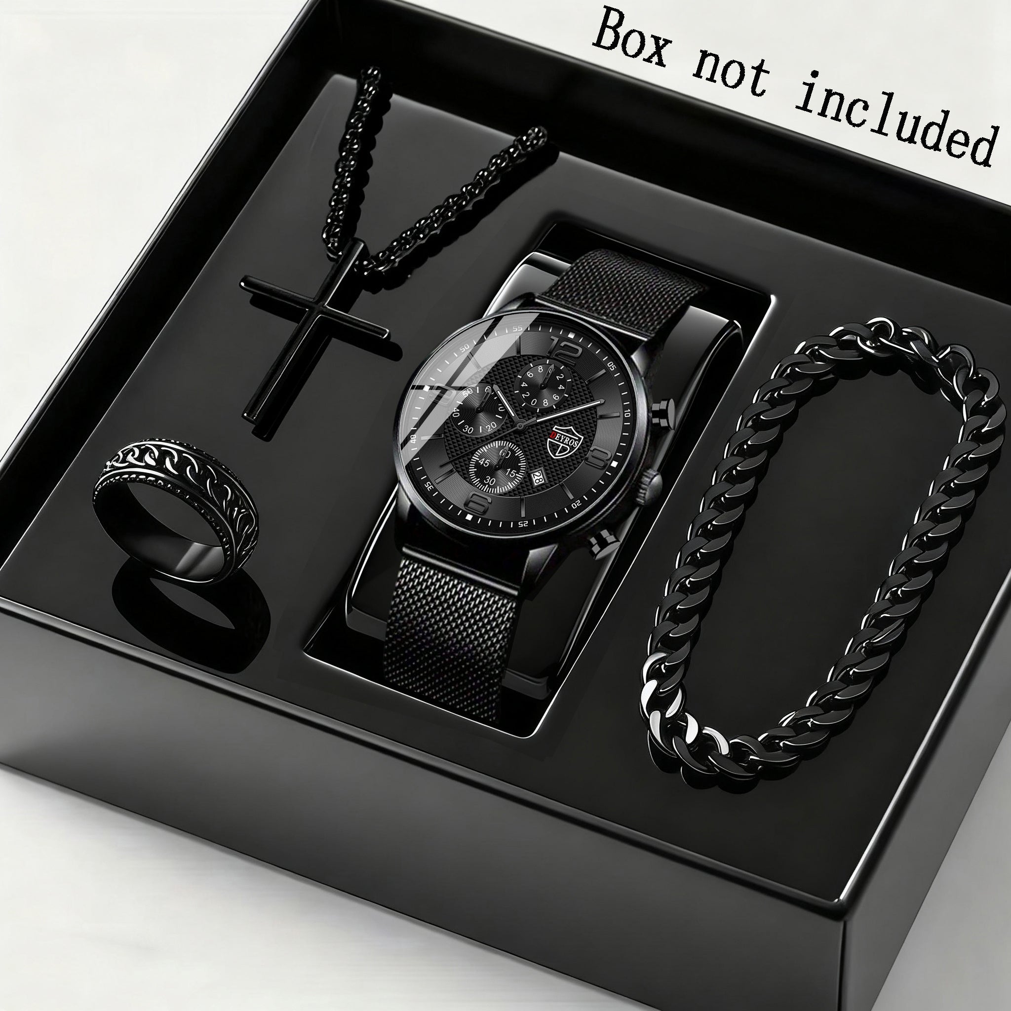 4pcs/Set Men'S Elegant Quartz Watch And Bracelet Set | Stainless Steel | Casual Watch | Business Watch | Bracelet for Men | Men'S Necklace | Date Watch for Men