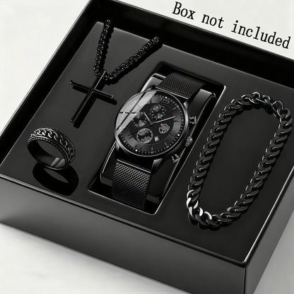 Men's Watch & Jewelry Gift Set 4-Piece – Quartz Date Watch, Stainless Steel Bracelet & Necklace, Casual Business Accessories for Men