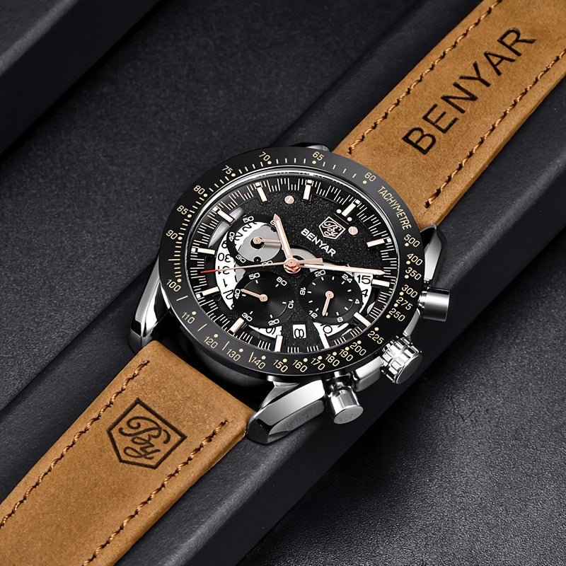 [BENYAR Luminous Chronograph Watch] BENYAR Analog Quartz Chronograph Luminous Watch - Big Face Mens Business Work Sport Casual Fashion Designer Dress Wrist Watch - Elegant Gift For Men