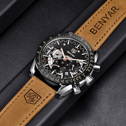 BENYAR Watch Men Luminous Chronograph Analog Quartz Big Face Business Sport Casual Fashion Dress Wristwatch Elegant Gift for Men Golden Silver Blue Black