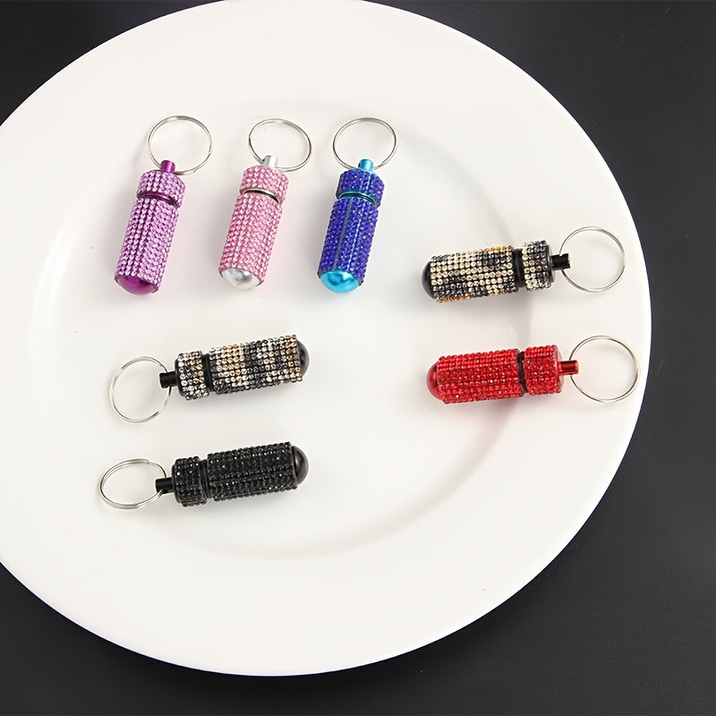 7pcs Rhinestone Alloy Storage Can Keychains Set, First Aid Box Keychains, Pillcase Keychain, Mini Pill Bottle, with Keychain, Suitable for Travel, Outdoor, Waterproof Pill Storage Box, Suitable for Car Pendant, Luggage Pendant