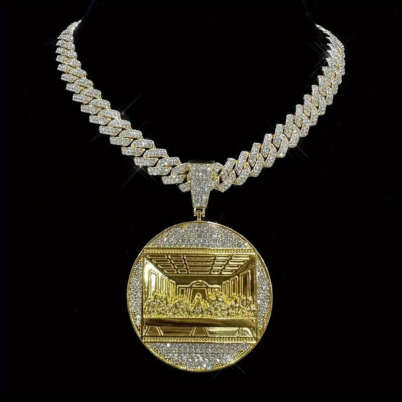 Set of 2 The Last Supper Men'S Golden Pendant Necklace Featuring a Hip Hop Cuban Chain And Tennis Chain, Perfect for Daily Wear Or Parties, a Stylish Gift for Men