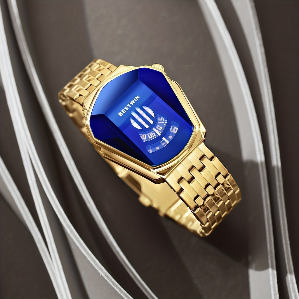 Unique Dashboard Design Men Watches Top Brand Fashion Blue Rhinestones Dial Steel Strap for Man Business Quartz Watch for Gifts