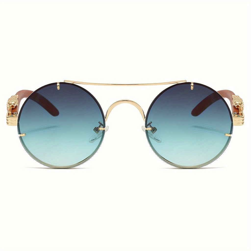 Fashionable Round Metal Frame Glasses with Gradient PC Lenses - Luxury Double Bridge Design, Leopard Detail Hinges, Stylish And Chic for Both Men And Women, Perfect for Vacation, Street Photography, And Includes Protection Case, As a Unique Gift