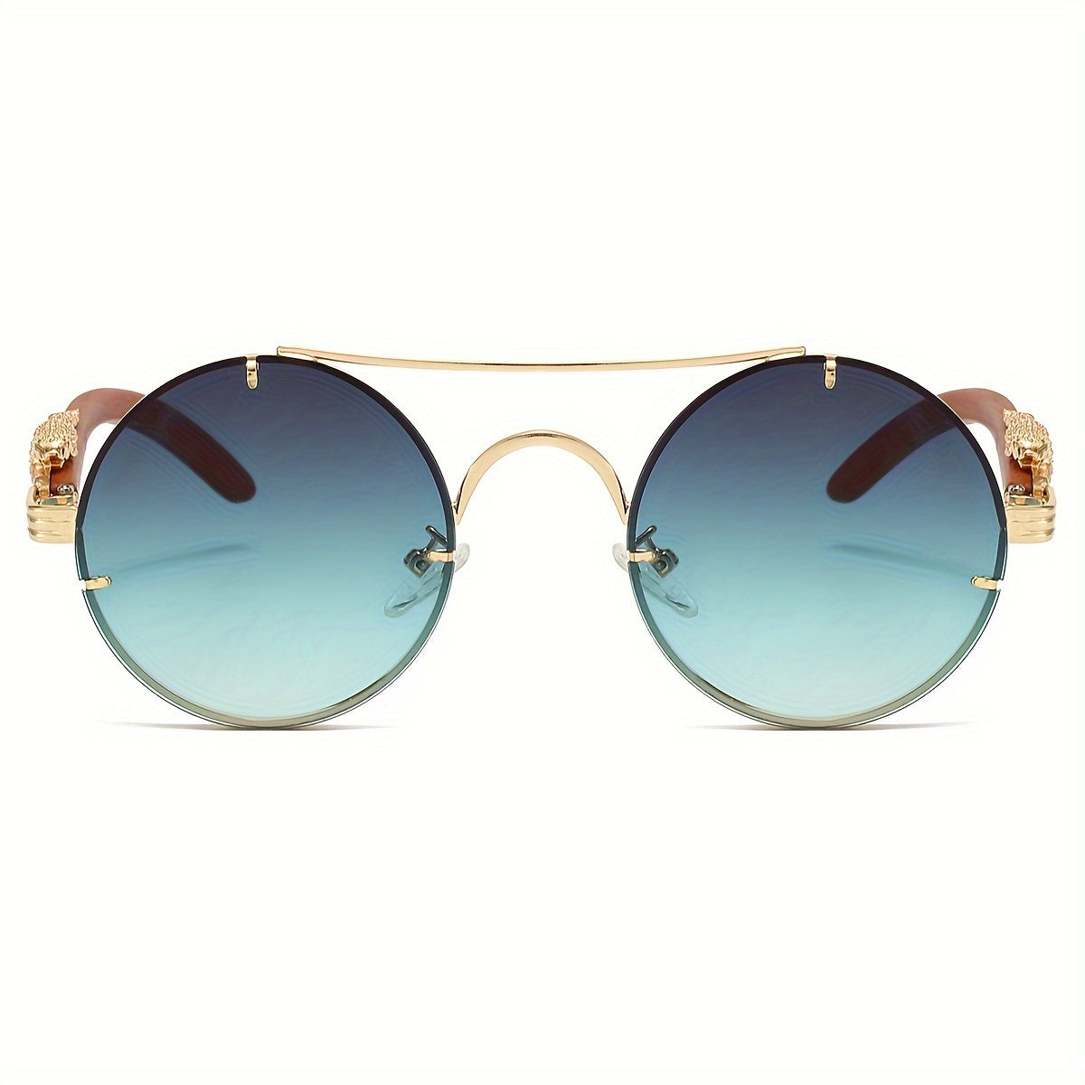 Fashionable Round Metal Frame Glasses with Gradient PC Lenses - Luxury Double Bridge Design, Leopard Detail Hinges, Stylish And Chic for Both Men And Women, Perfect for Vacation, Street Photography, And Includes Protection Case, As a Unique Gift