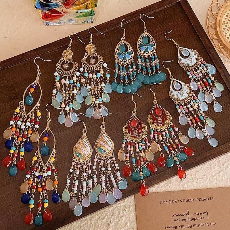 6-Pair Bohemian Tassel Earrings Set - Vintage Beaded Dangle Earrings with Teardrop & Round Beads, Multicolor Boho Statement Jewelry for Women, Lightweight Alloy Hoops for Parties, Vacations, Casual Attire - All-Season Ethnic Dangle Earrings (Turquoi