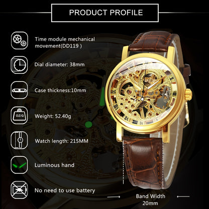Skeleton Mechanical Watch for Men Hand Wind Gold Luxury Open Dial 38mm Stainless Steel Case Luminous Hands Retro Business Casual Wristwatch, No Battery Needed