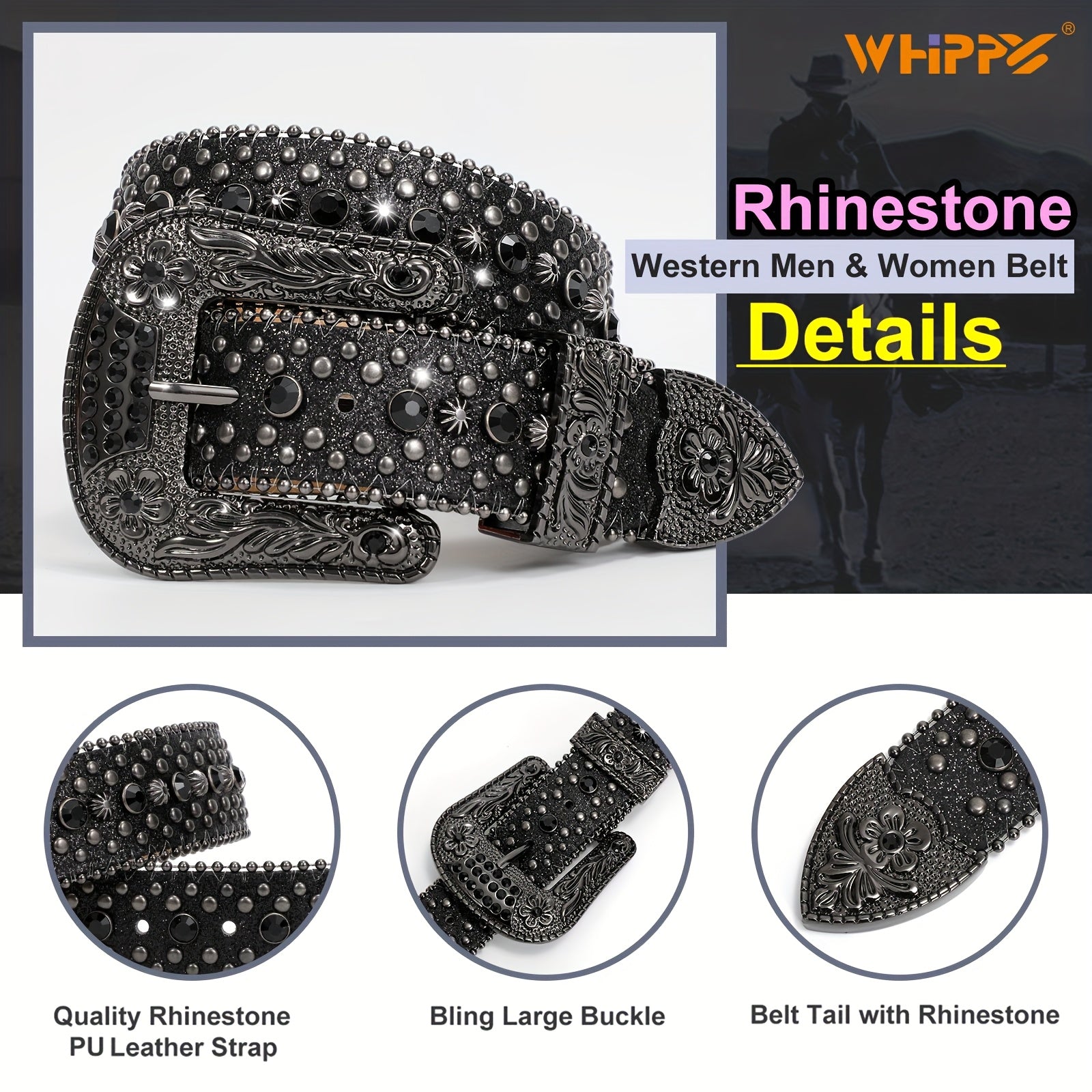 WHIPPY 1pc Men'S Rhinestone Faux Leather Belt, Western Faux Crocodile Grain Faux Leather Strap Belts for Cowboy Jeans Pants Halloween Gift