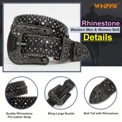 Rhinestone Belt for Men - Western Faux Crocodile Leather Strap, Rivet Detail, Alloy Buckle, Fits Waist 28"-48", 9 Colors, Cowboy Jeans Halloween Gift