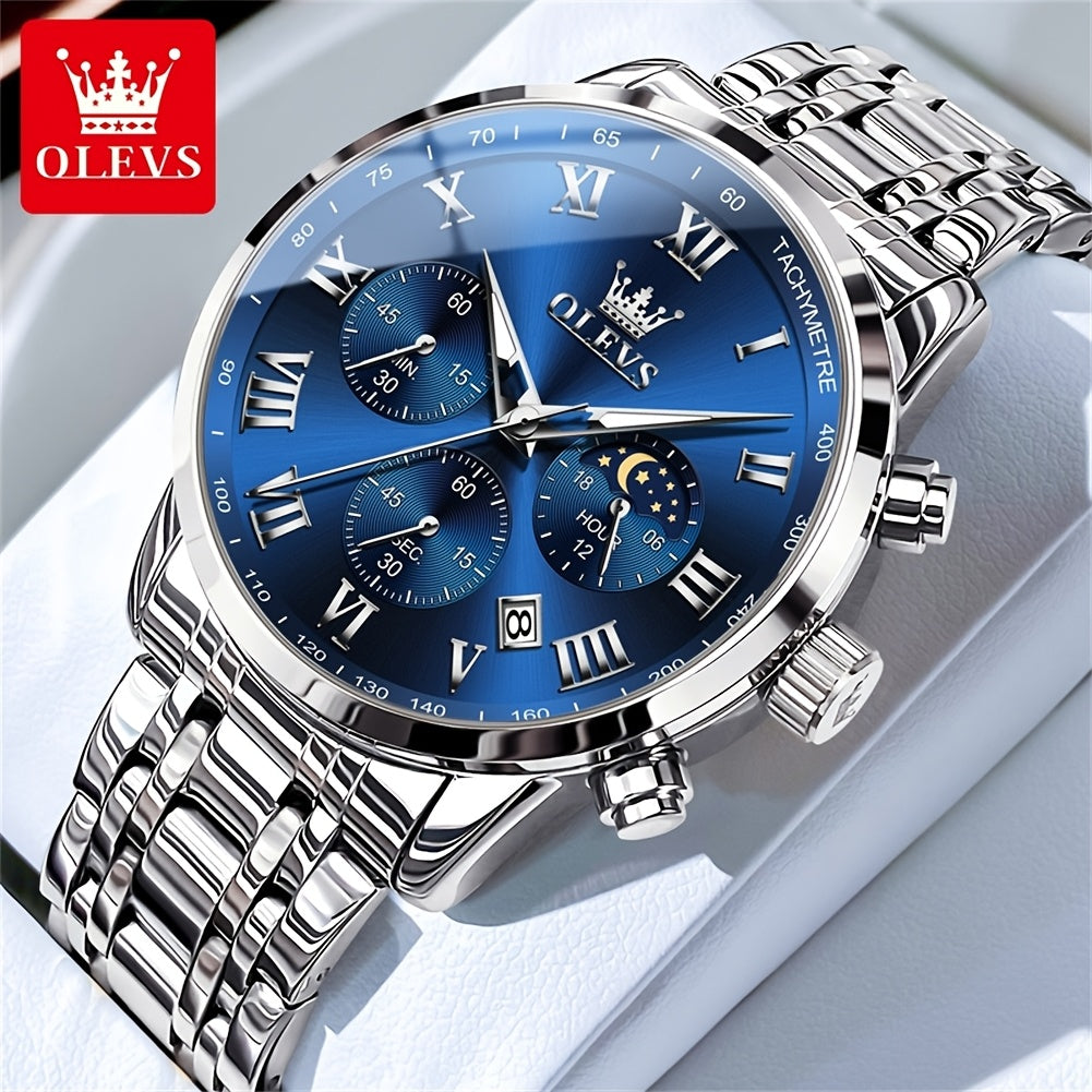 OLEVS Men's Luxury Dress Watch – Stainless Steel Chronograph, Moon Phase, Roman Numerals Analog Quartz Wristwatch, Elegant Gift for Him