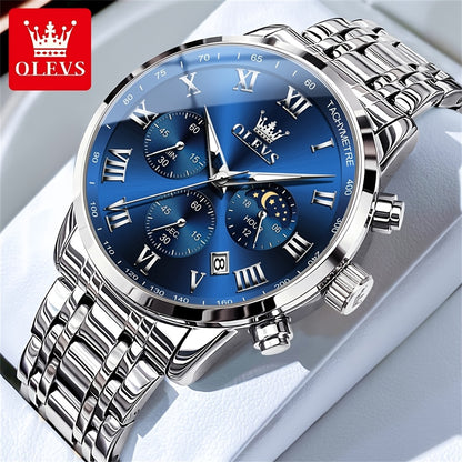OLEVS Men's Luxury Dress Watch – Stainless Steel Chronograph, Moon Phase, Roman Numerals Analog Quartz Wristwatch, Elegant Gift for Him