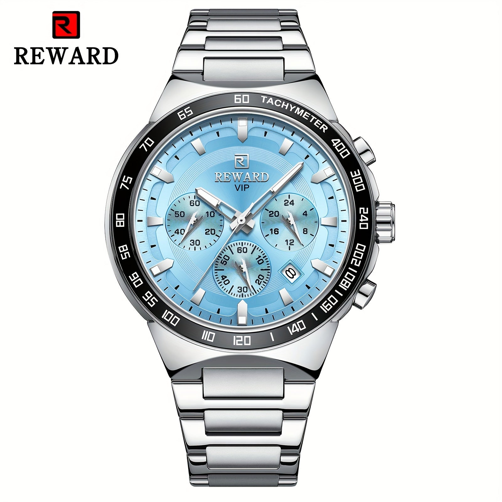 REWARD VIP Ice -Blue Quartz Watches For Men Sport Chronograph Luminous Wrist Watches Stainless Steel Wristwatch