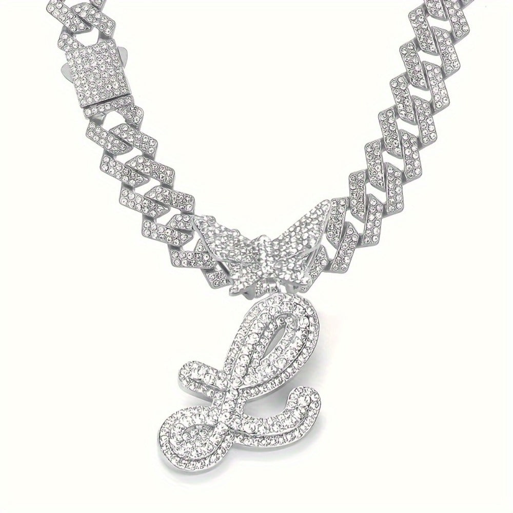 Cuban Link Chain Necklace - Initial Letter for Men Women - with Butterfly Alphabet Pendant A-Z, Gold & - product detail view