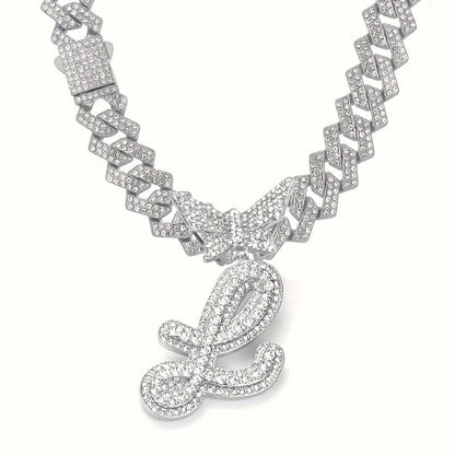 Cuban Link Chain Necklace - Initial Letter for Men Women - with Butterfly Alphabet Pendant A-Z, Gold & - product detail view