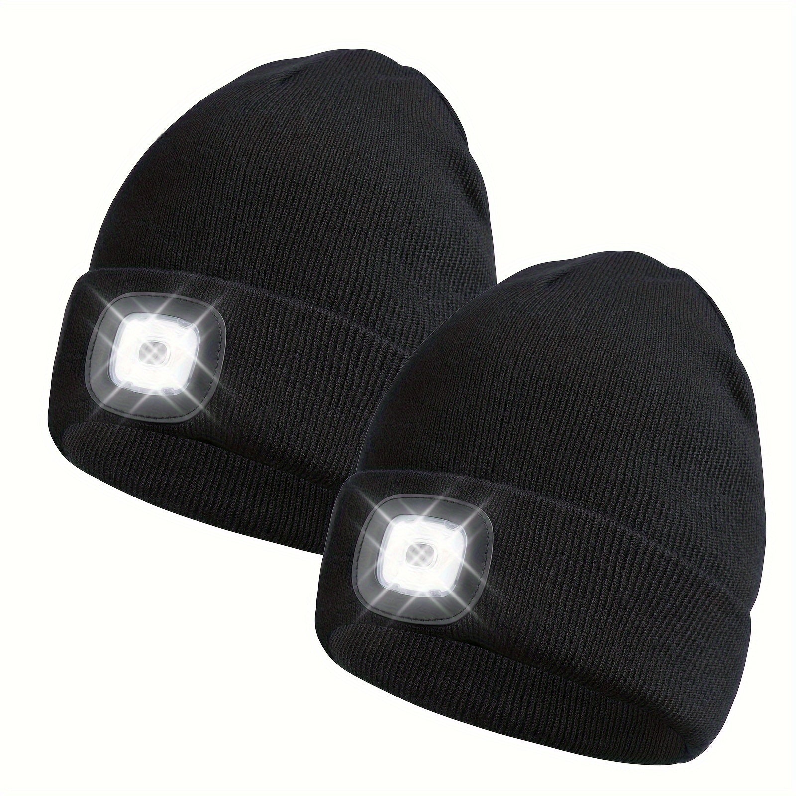 Night Safety LED Beanie Hats, USB Rechargeable Knit Hat, for Camping Hiking Running, 2-Pack, Great Unisex Xmas Gift